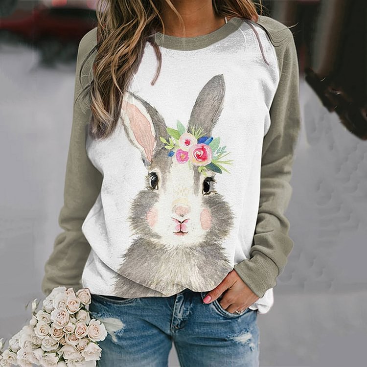 Comstylish Rabbit Print Paneled Long Sleeved Sweatshirt