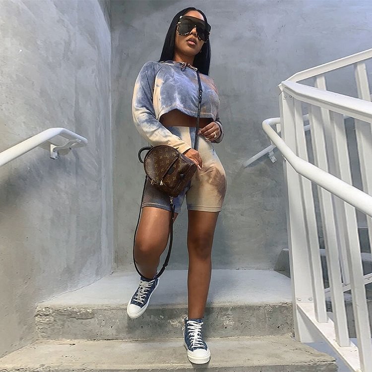 Tie Dye Two Piece Outfits Cropped Hoodie Shorts Fashion Clothes Woman Trendy Activewear Ladies Tracksuit C85-Cg35 - Shop Trendy Women's Clothing | LoverChic