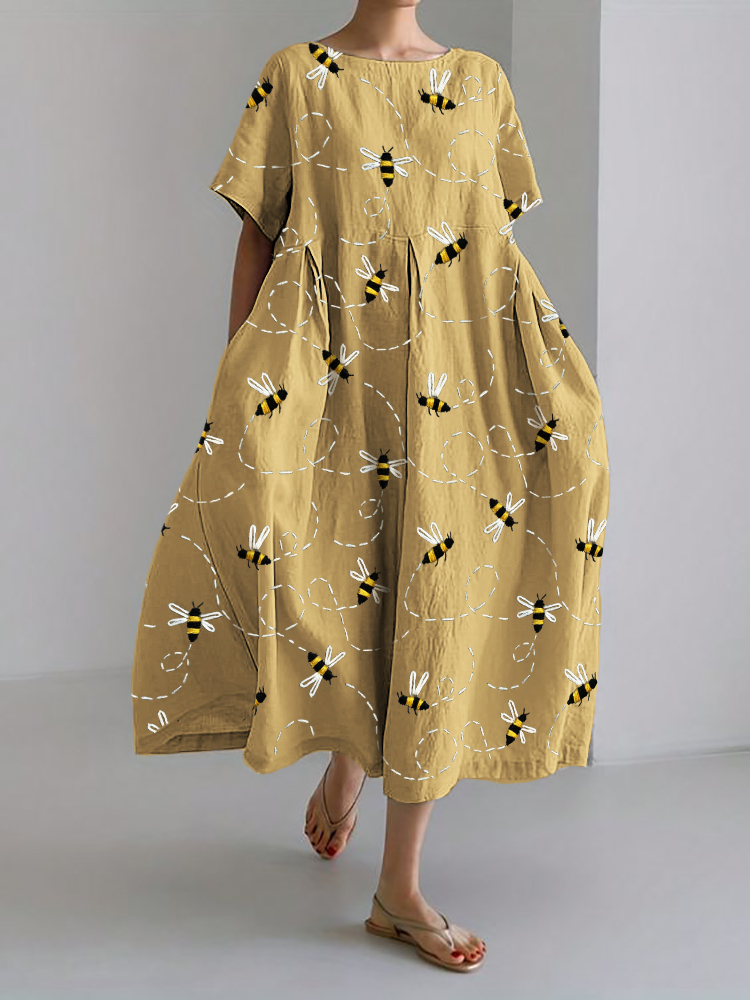 Flying Bees Embroidery Pattern Linen Blend Maxi Dress