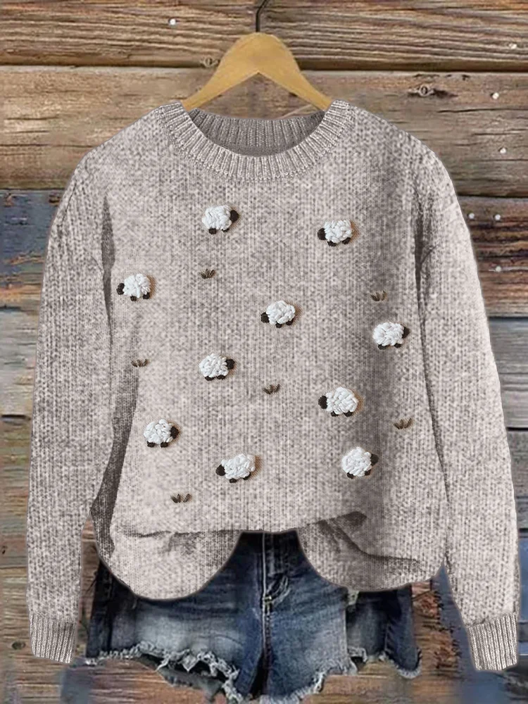 Farm Sheep Embroidery Art Cozy Knit Sweater