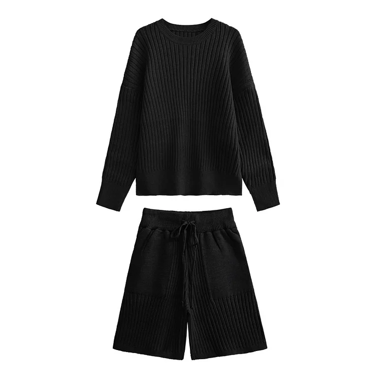 Casual Knit Solid Color Round Neck Sweater and Shorts Suits