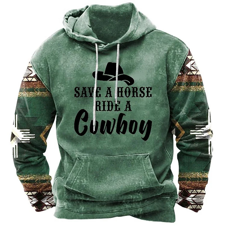 Men's Western Save A Horse Ride A Cowboy Print Hoodie