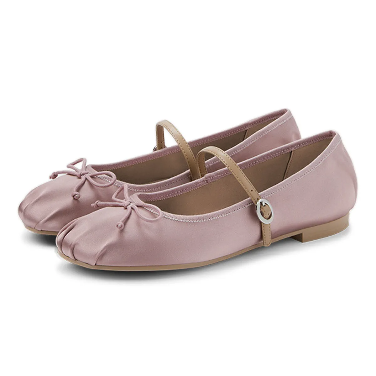 Satin Bow Round Toe Pleated Buckle Strap Flat Shoes for Women in Pink