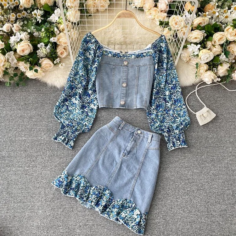 Floral Patchwork Denim Two-Piece Set P11828