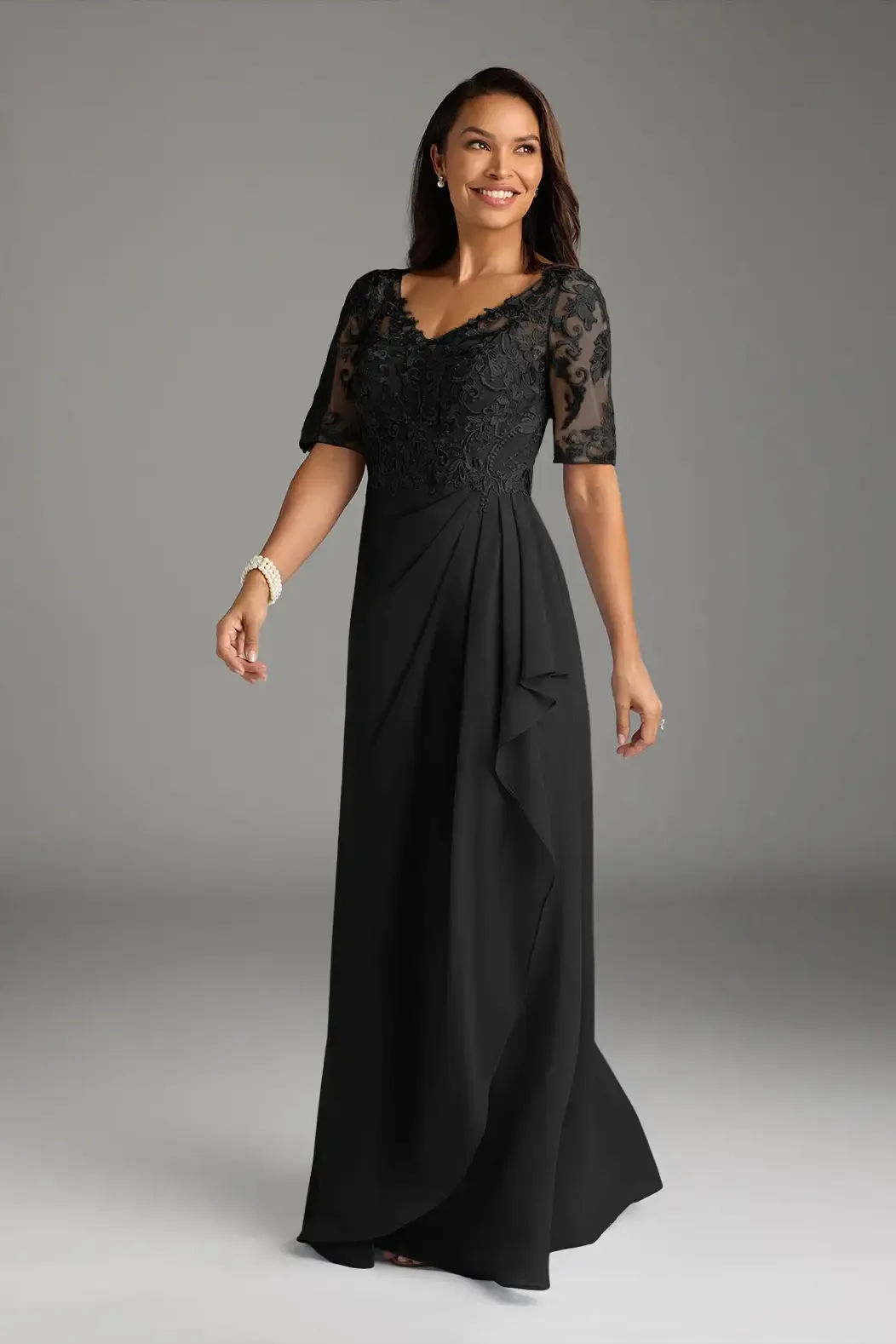 Daisda Chiffon V-Neck 1/2 Sleeves Long A-Line Mother Of The Bride Dress With Pleated And Appliques