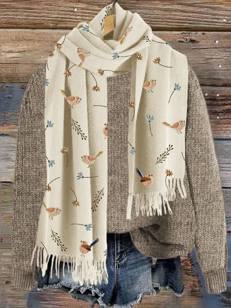 Comstylish Birds Floral Embroidery Pattern Cozy Scarf