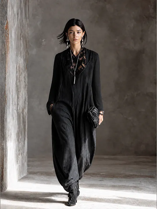 Women's Lace Panel Edgy Harem Jumpsuit MD