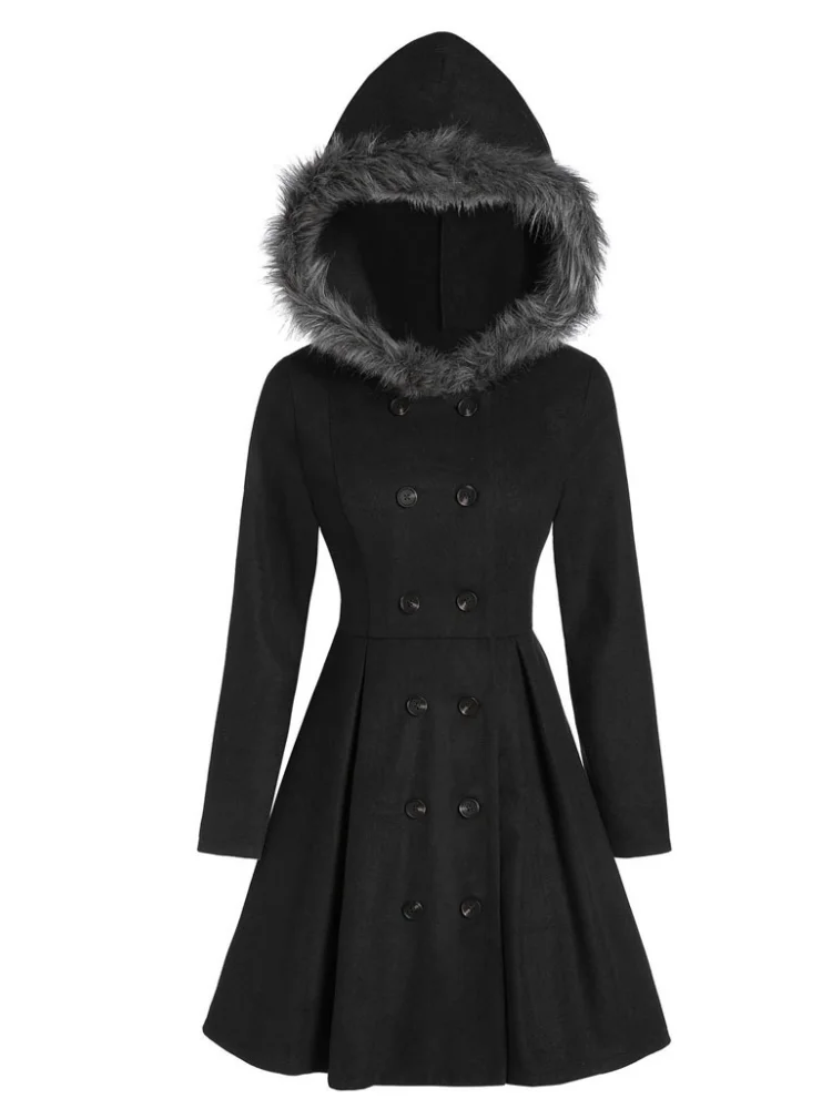 Hooded Fur Double Breasted Princess Hem Coat