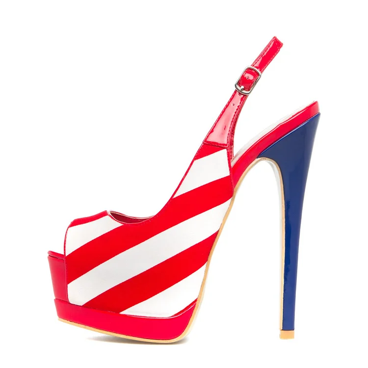 Fashion Red And White Peep Toe Slingback Heels Stripe Platform Sandals |FSJ Shoes