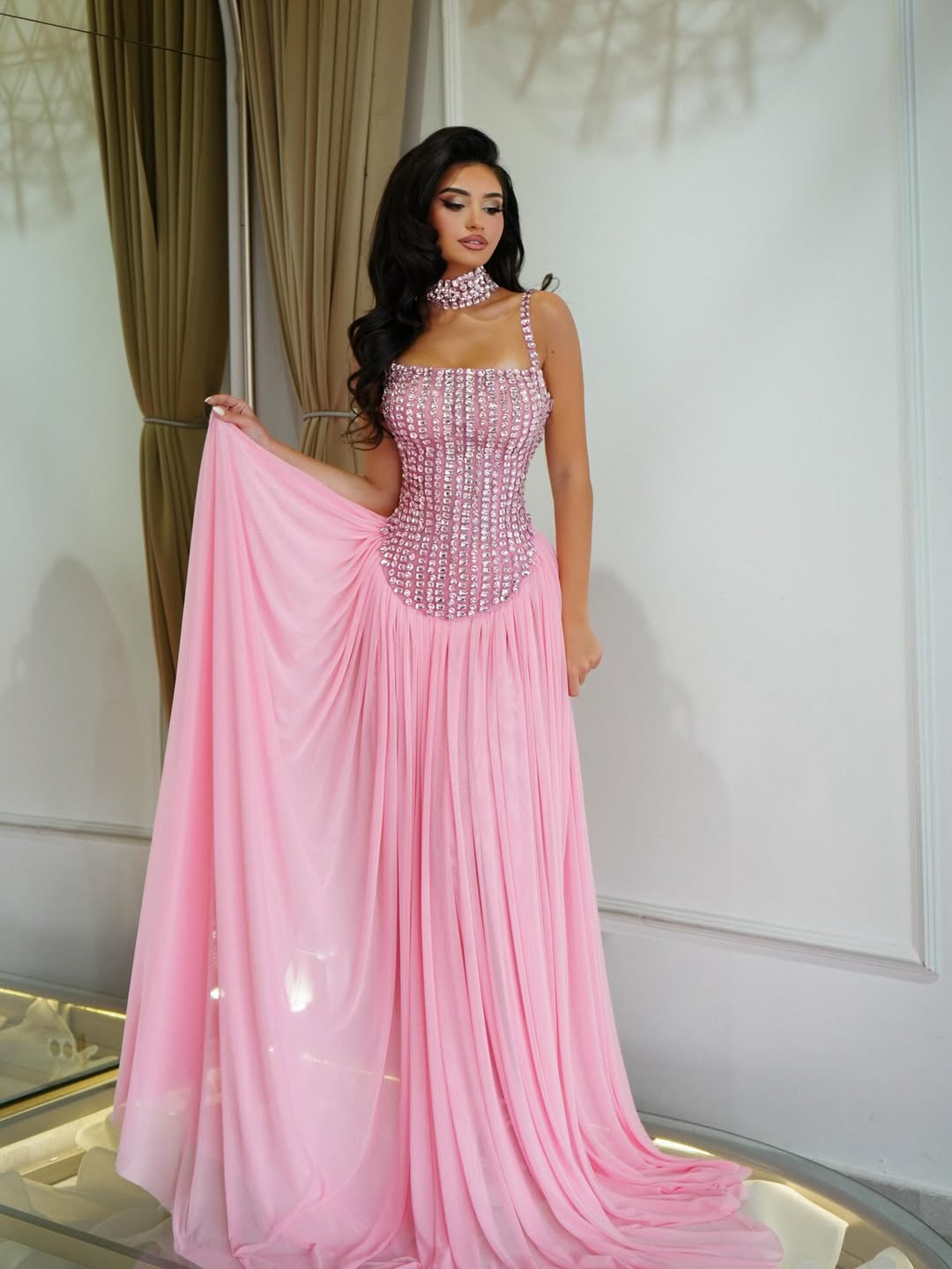Dazzling Pink Rhinestone Sleeveless Spaghetti-Straps Pleated Prom Dress YK0325 Dazzling Pink Rhinestone Sleeveless Spaghetti-Straps Pleated Prom Dress YK0325