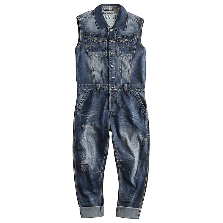 TIMSMEN Washed And Worn Casual Denim Straight Loose Fitting Suit Jumpsuit