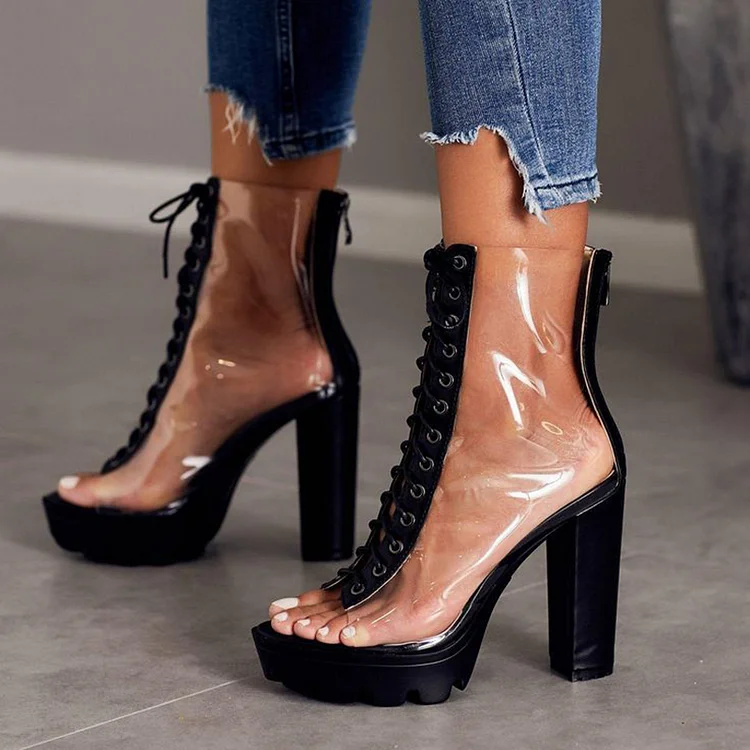 Black Platform Booties Chunky Heel Lace-Up Peep Toe Clear Ankle Boots |FSJ Shoes