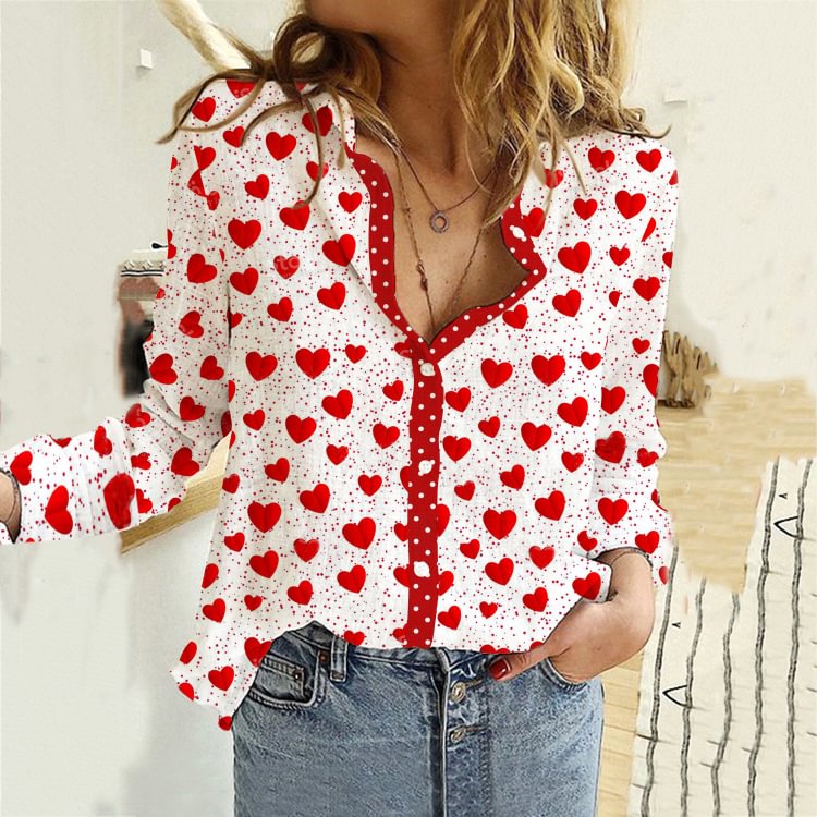 Comstylish Valentine's Day Love Heart Shaped Polka Print Long Sleeve Shirt