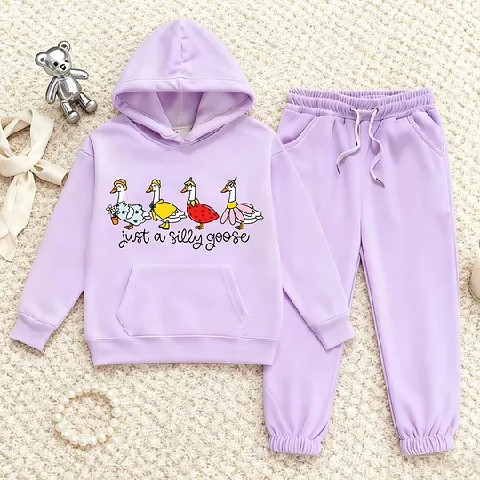 【2Y-13Y】Duck Print Hoodie And Jogger Set For Kids - "Just A Silly Goose" Design