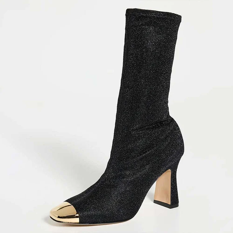 Black Metallic Knit Chunky Heel Mid Calf Boots with Gold-Tone Toe Cap |FSJ Shoes
