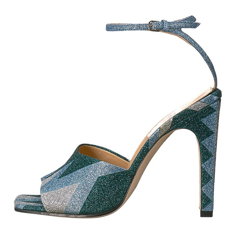 Green and Blue Sparkly Chunky Heel Ankle Strap Sandals |FSJ Shoes