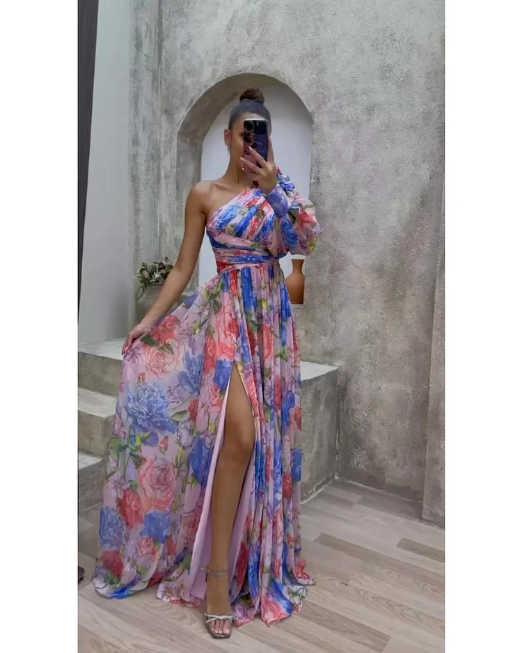 2024ss sexy oblique shoulder floral dress