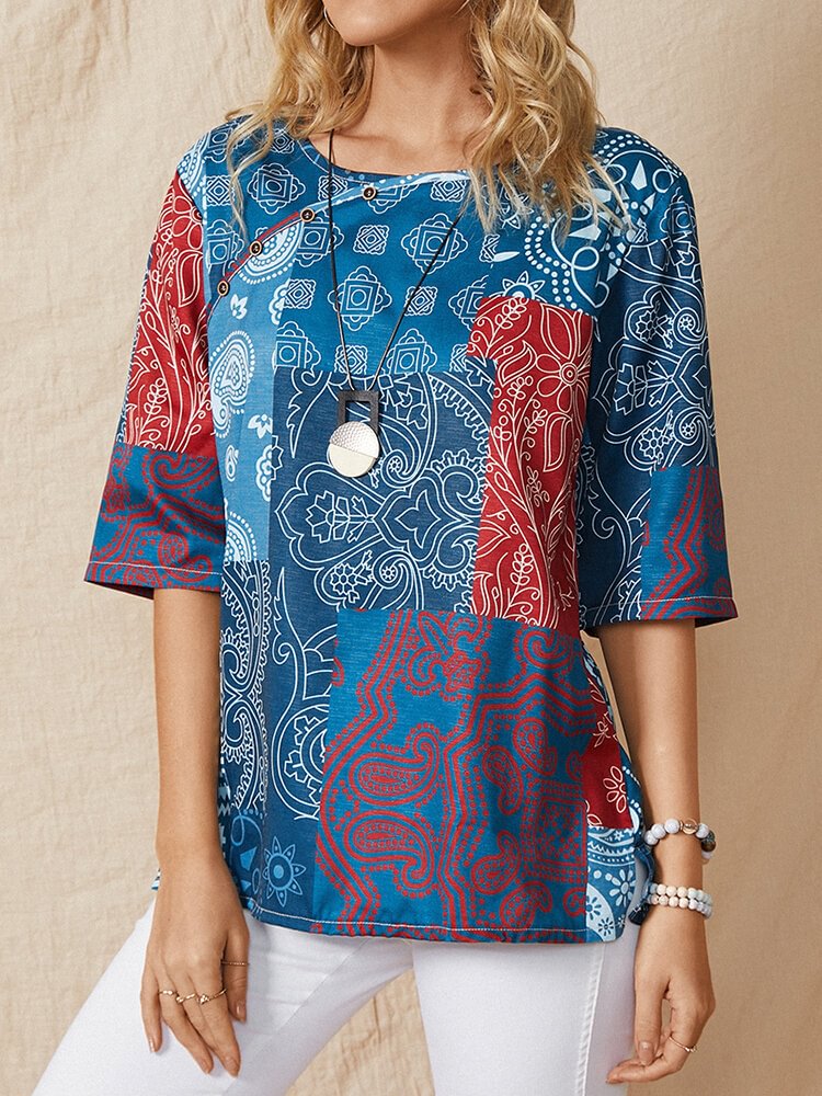 Ethnic Geometric Print Button Patchwork Half Sleeve Vintage T Shirt For Women P1819176
