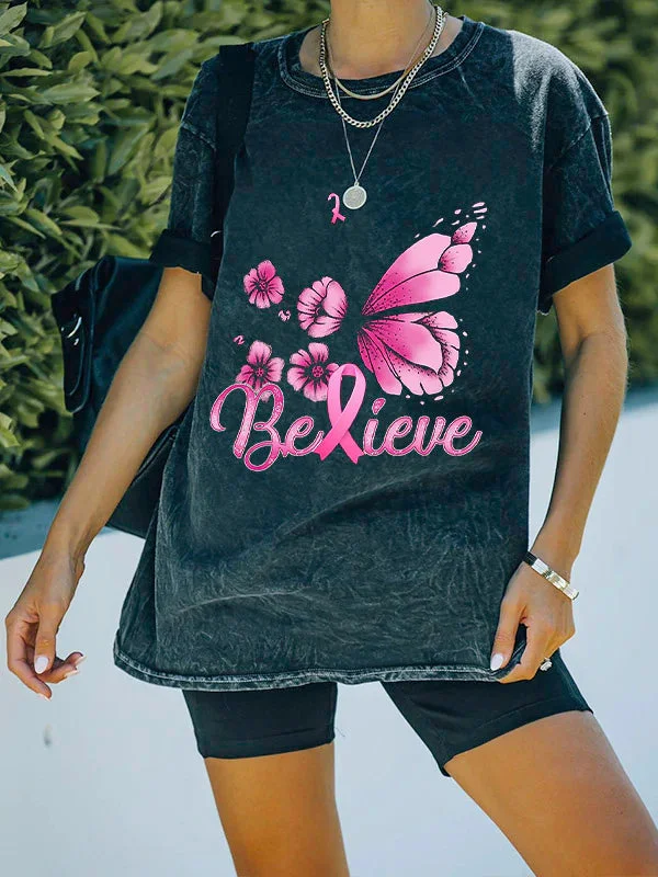 Believe Pink Ribbon Butterfly Graphic Washed T-shirt socialshop