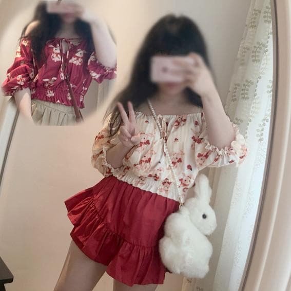 Beige/Red Kawaii Bunny Off Shoulder Top SP166950