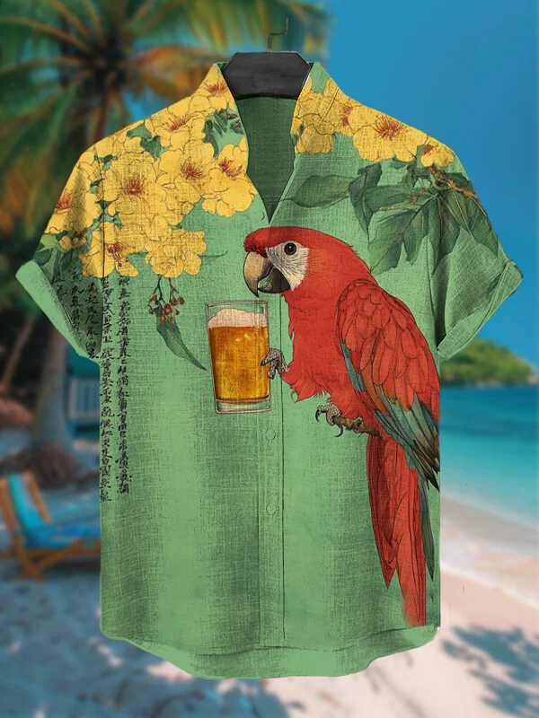 Men's Parrot Drinking Beer Yellow Flower Art Print Casual Shirt