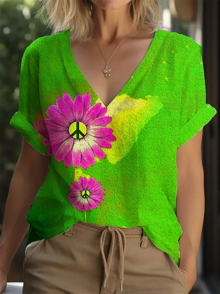 Women's V Neck Peace Floral Print Top socialshop
