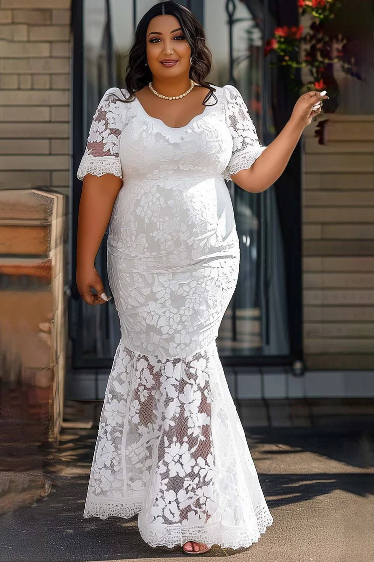 Xpluswear Design Plus Size Wedding White V Neck Short Sleeve Mermaid Lace Maxi Dresses [Pre-Order]