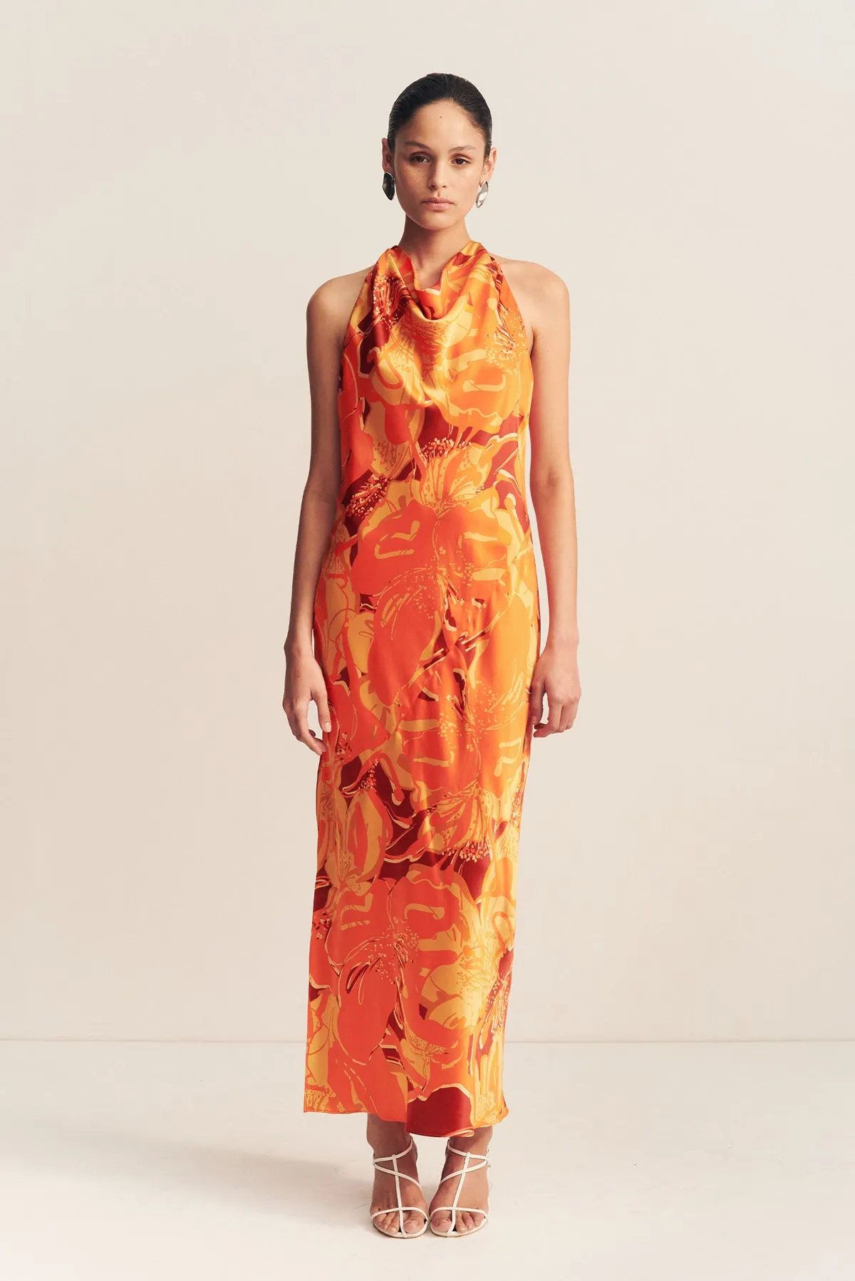 shona joy chara silk tie maxi dress in flame multi Introducing the Shona Joy Chara Silk Tie Maxi Dress. With multiple ways it can be styled, this piece will be on high rotation in your spring wardrobe. Perfect for wedding guests, formal