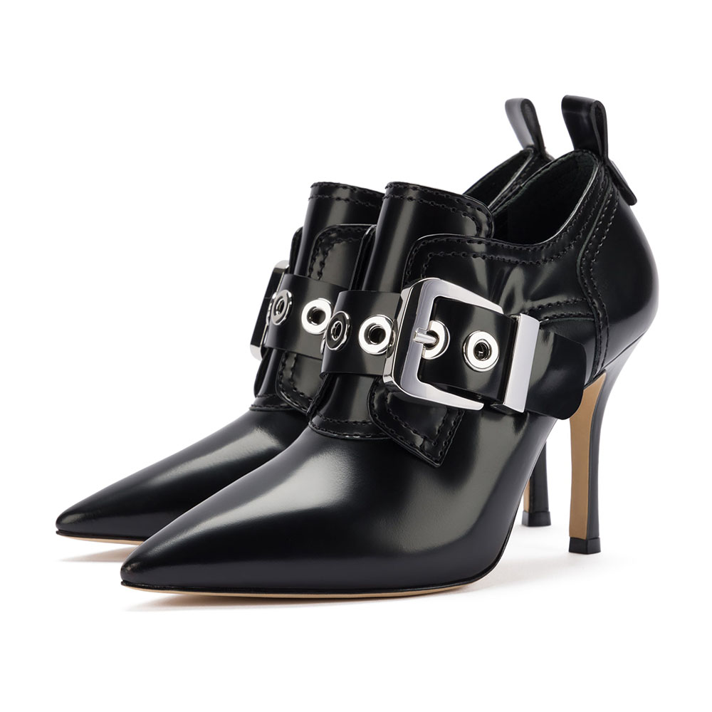 Black pointed toe strap T-shaped stilettos