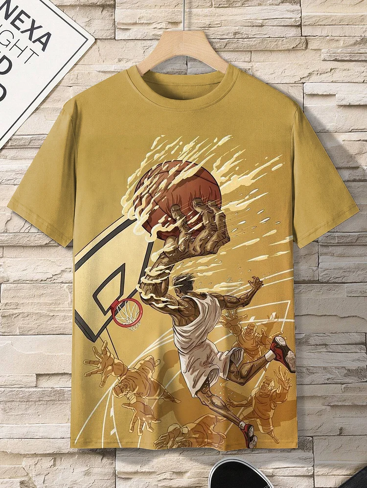 Men's Retro Black Basketball Fluid Art Print Casual T-Shirt