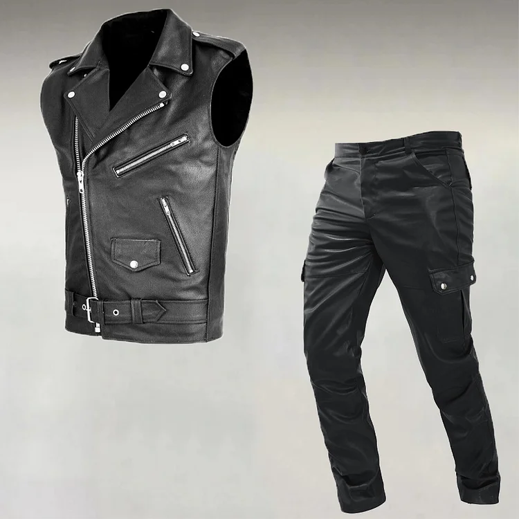 Men's Fashion PU Leather Zipper Sleeveless Vest & Pants 2 Pcs Set
