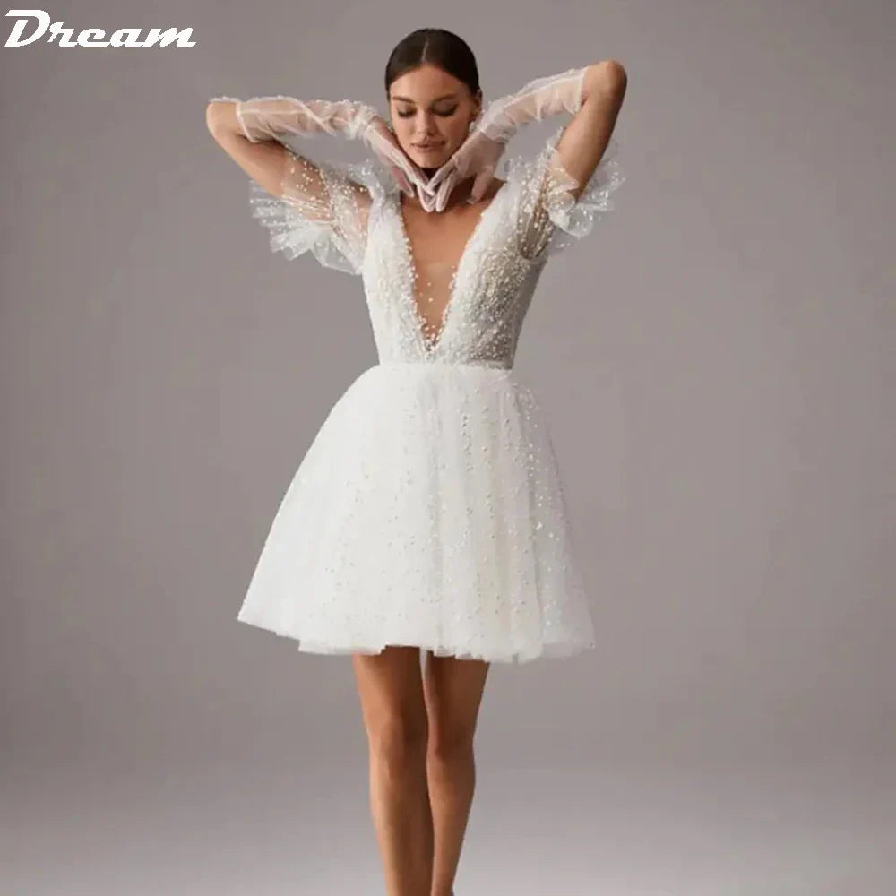 Runhufu Deep V Neck Mini Wedding Dresses Dot Tulle Short Puff Sleeves Bride  Gown Backless Above Knee Beach Boho Bridal Dress