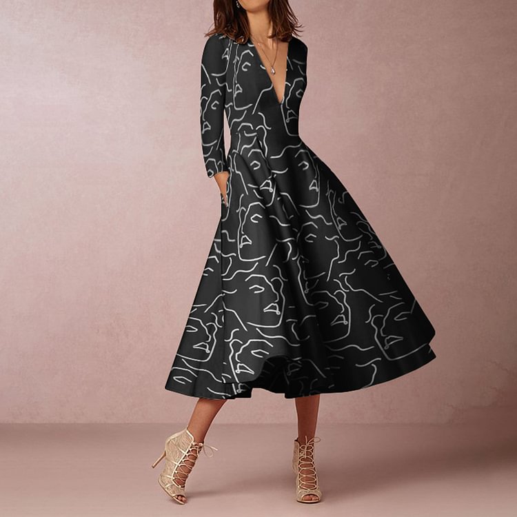 Elegant Abstract Face Print Mid Sleeve Midi Dress