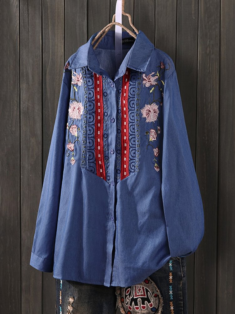 Flower Embroidery Turn down Collar Long Sleeve Vintage Shirt P1720236