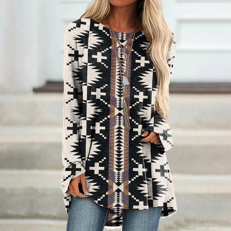 Vefave Vintage Crew Neck Totem Print Tunic