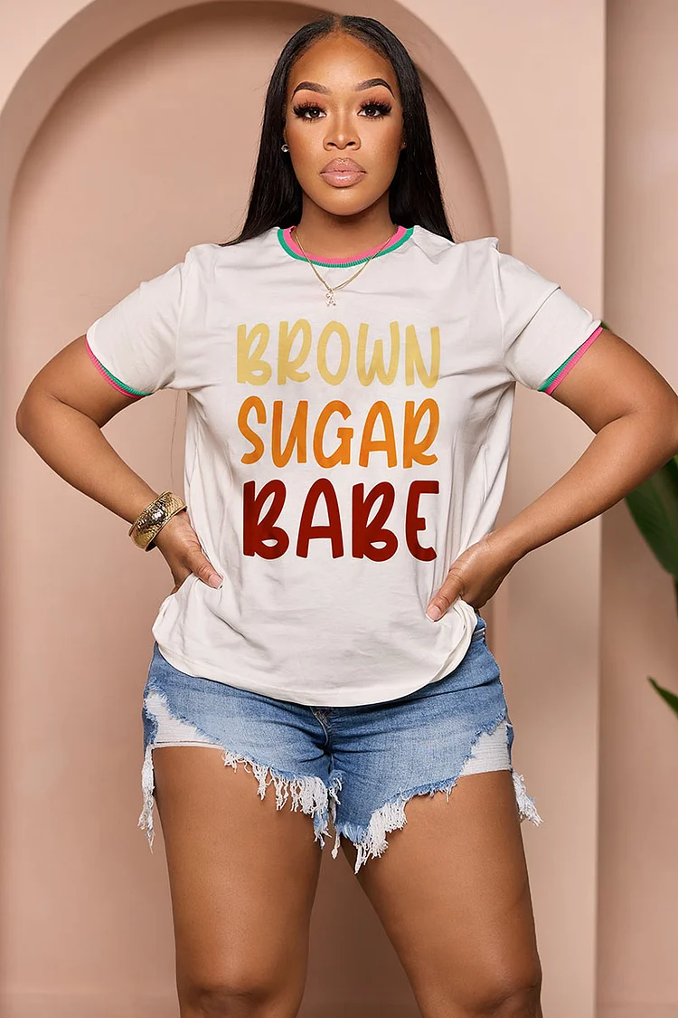 LORAGAL Letter Brown Sugar Babe Print Casual T-Shirt