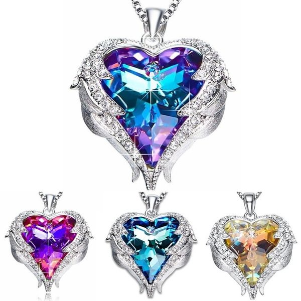 New Angel Wings Necklaces Shiny Purple Crystal Heart Pendant Necklace Best Gifts for Women Girls