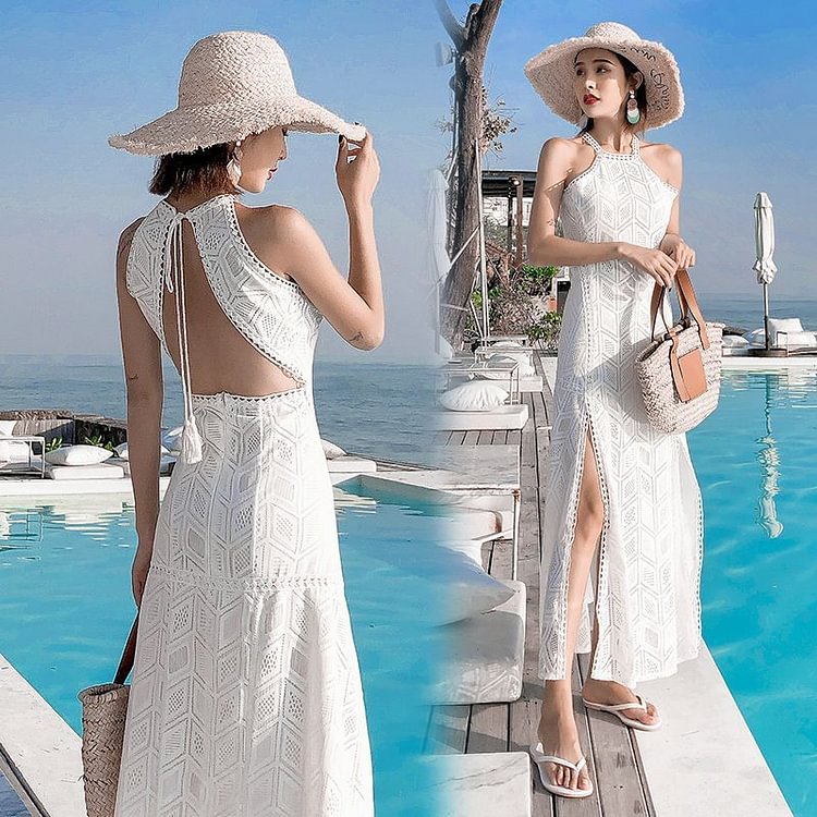 Open Back Halter Midi A-Line Dress YP4461