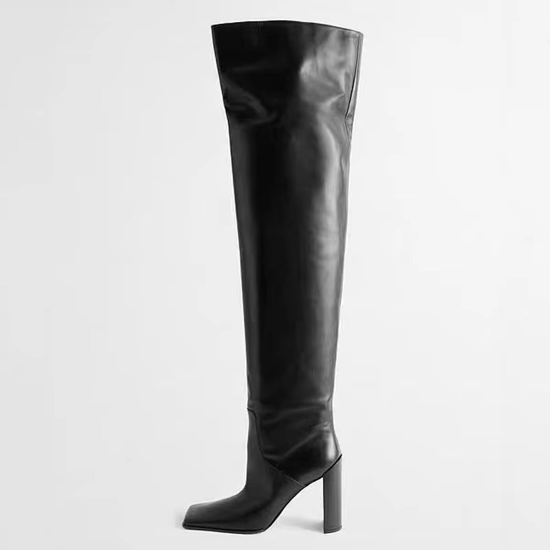 Christa Square Toe Block Heels Leather Over the Knee High Boots In Black