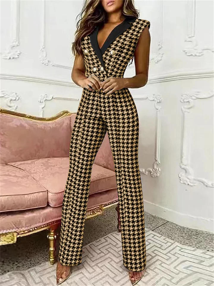 Women's Jumpsuit Button Houndstooth V Neck Business Office Work Regular Fit Sleeveless White Blue Khaki S M L Spring-JRSEE