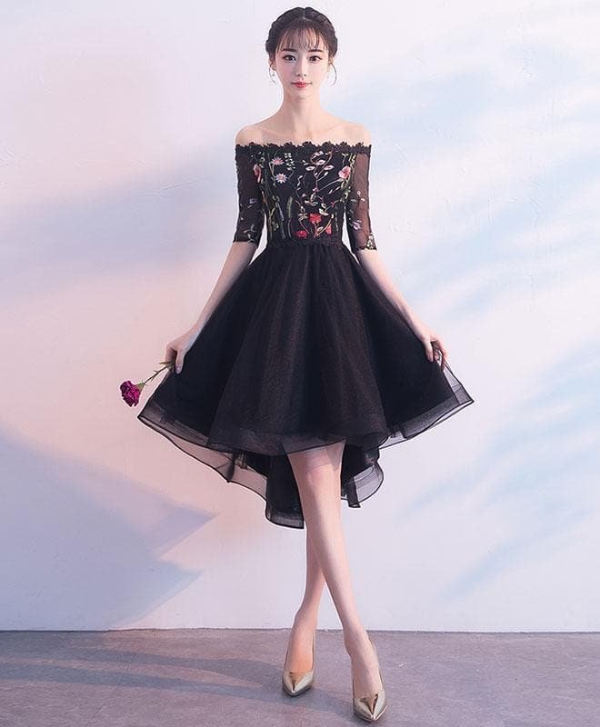Black Tulle Lace Short Prom Dress, Black Evening Dress