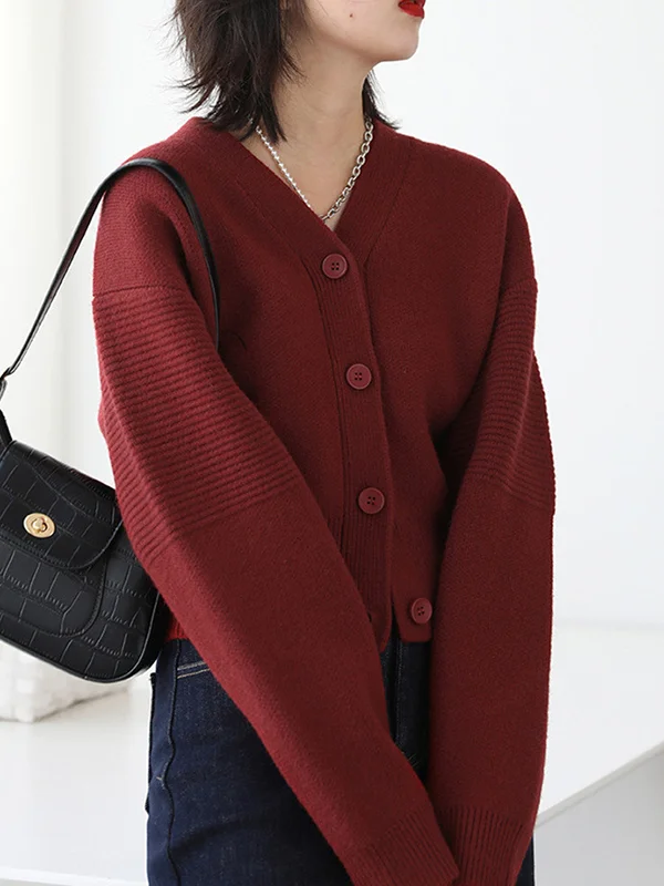 Minimalist Long Sleeves Roomy Buttoned Pure Color V-Neck Cardigan Tops