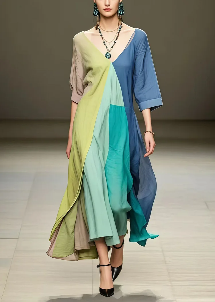 Chic Colorblock Asymmetrical Exra Large Hem Cotton Maxi Dresses Summer