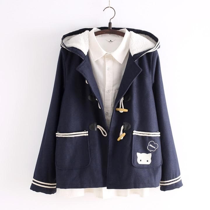 Grey/Navy Cutie Cat Fleece Hoodie Winter Coat SP153998