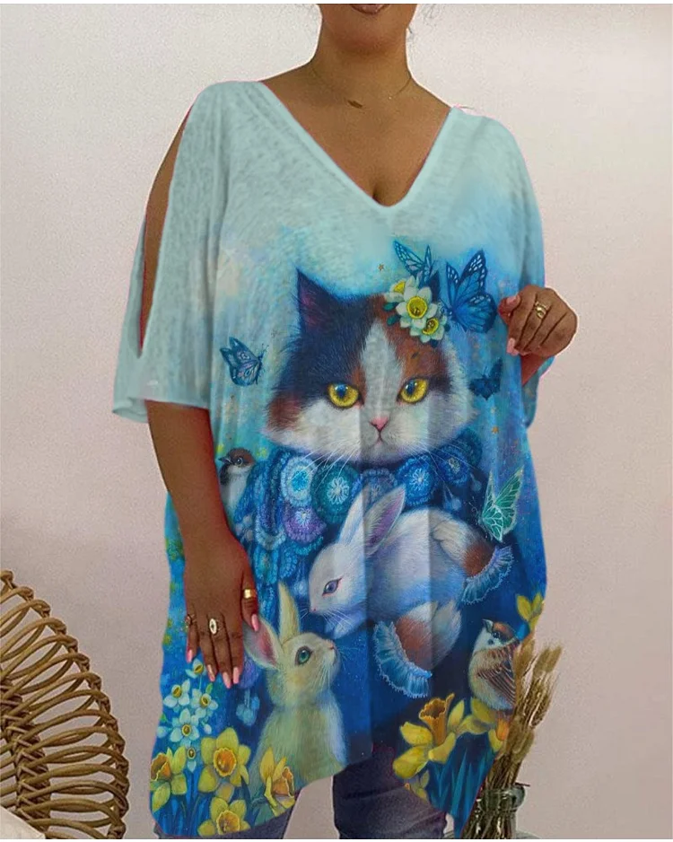 Women's casual blue ocean cat print T-shirt