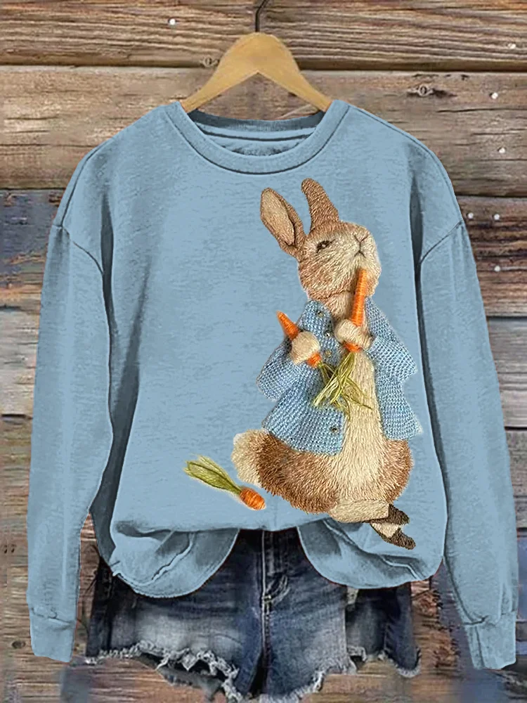VChics Bunny Embroidery Art Casual Cozy Sweatshirt