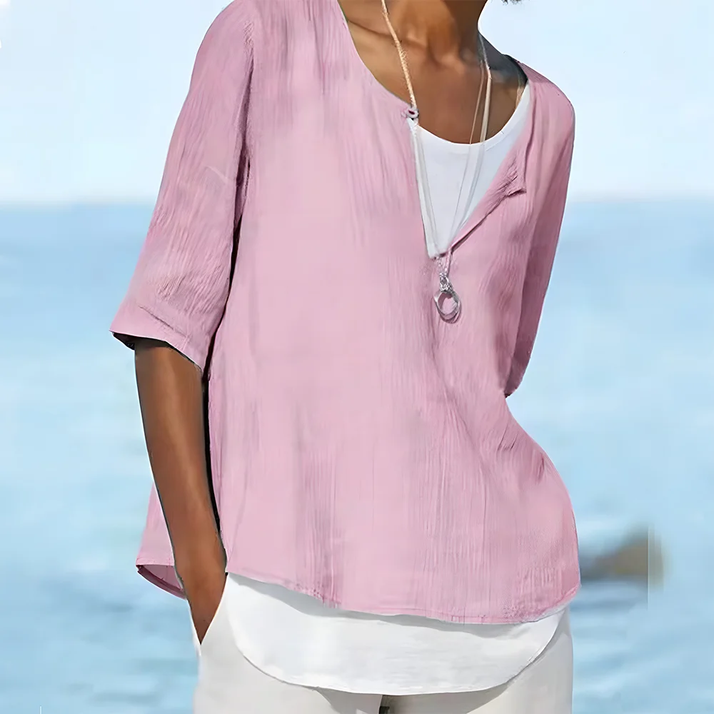 Smiledeer Solid Color Cotton Linen Long Sleeve Ladies Shirt