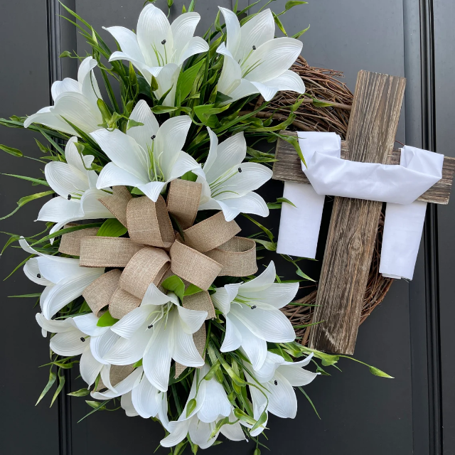Easter Wreath with Cross for Front Door|Religious Easter Spring lily Wreath socialshop