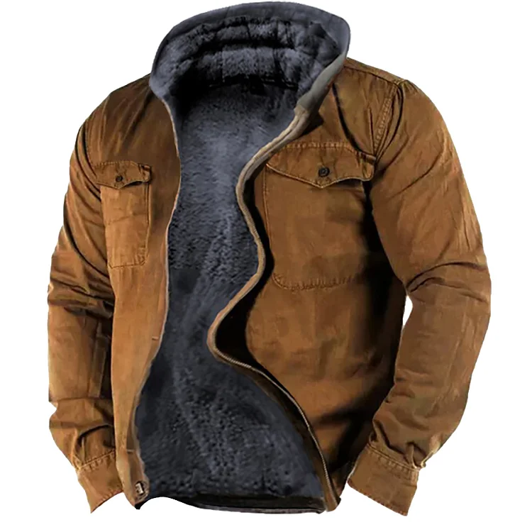 Men's Retro Lining Plus Fleece Zipper Tactical Hoodied Jacket
