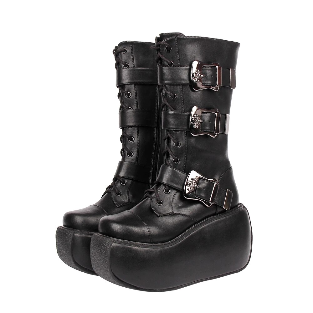 TAAFO Women Punk Motorcycle Cool Boots Woman High Heel Pumps Platform Shoes 10cm Plus Size Black
